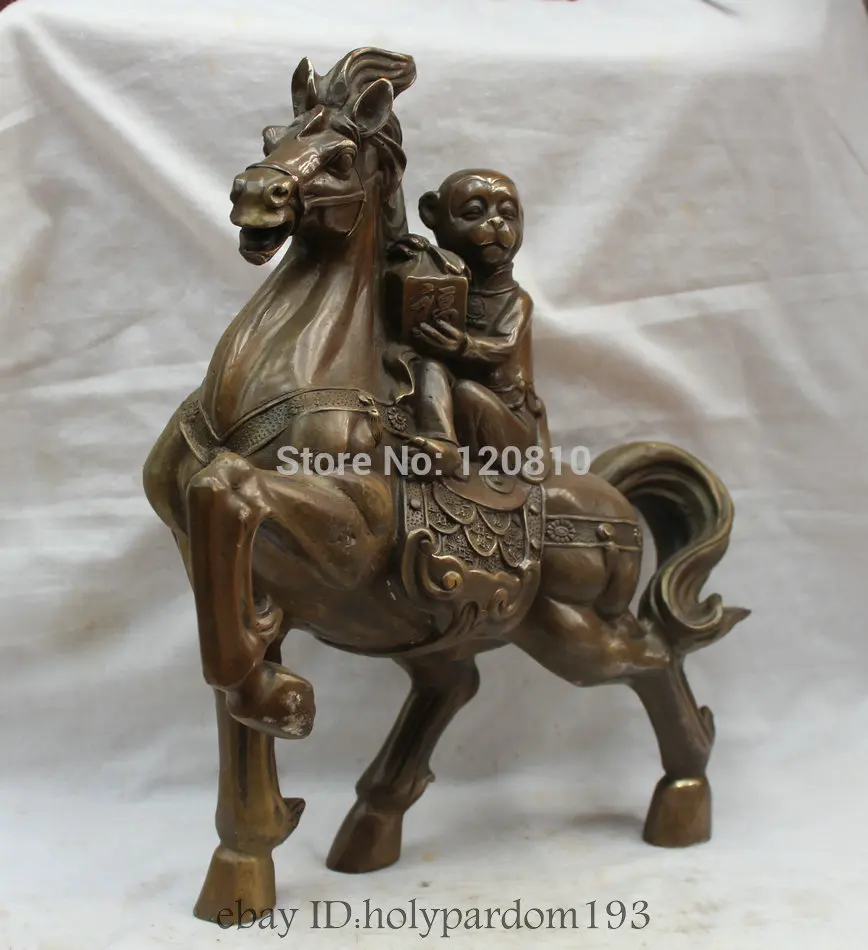 

16" China Chinese Spirit Fengshui Copper Bronze Zodiac Monkey On Horse Statue