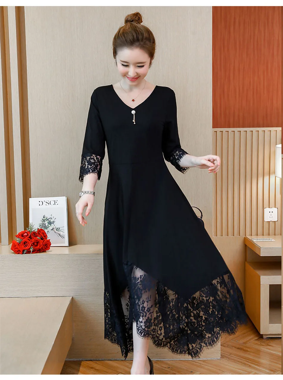 Черное Осеннее платье для женщин, элегантное кружевное платье большого размера, платье с коротким рукавом на шнуровке, длинное вечернее платье 5XL Vestidos Longo