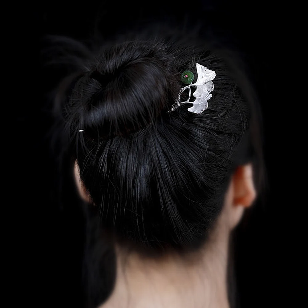 Серебряная шпилька для волос с инкрустацией листьев Ginkgo из тайского серебра в