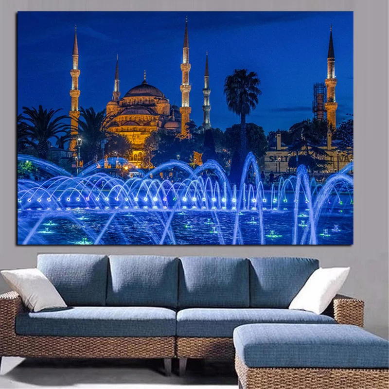 HD Print Islamic Blue Turkey Istanbul Sultan Ahmed Mosque Religious Poster on Canvas Wall Painting for Living Room Sofa Cuadros