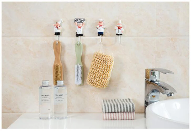 Resin Stainless Steel Hook Creative Wall Decoration Glue No Trace Hook Kitchen Bathroom Cute Chef Shape Strong Key Hooks (9)