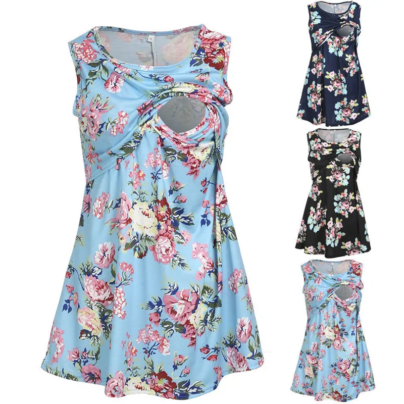 Summer Nursing T-shirt Maternity Tops Breastfeeding Print T-shirts Sleeveless Tees Pregnancy Feeding Gravidas Pregnant Clothing