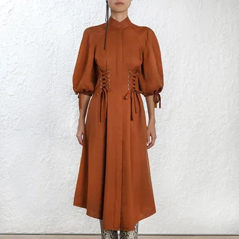 

High quality 2018 new fashion solid color three-dimensional tailored straps waist slim Slim sleeves temperament woman dress