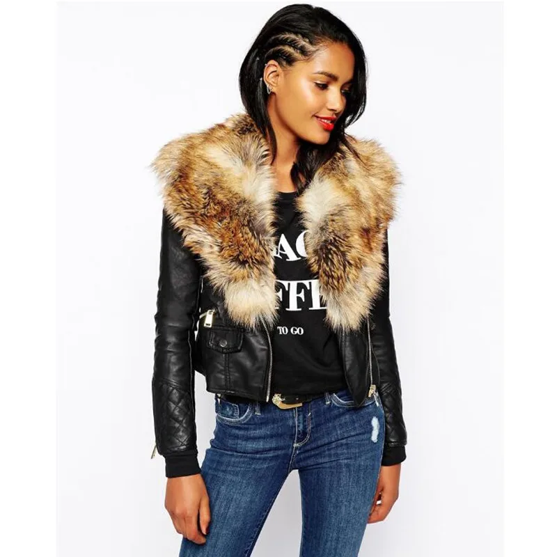 

2019 Newest Large Size Women's Clothing Fashion Jacket Zipper Motorcycle Leather Jacket Imitation Fur Collar Splicing Women Coat