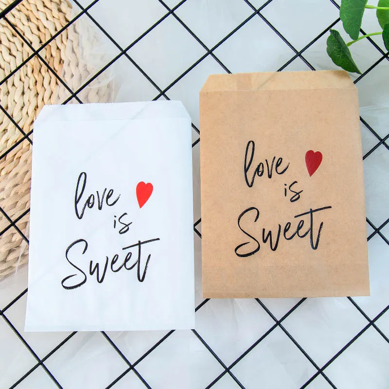 

25pcs Kraft Paper Love is Sweet Treat Favor Bags for Wedding Bride Shower Party Decorations Coffee Candy Popcorn Buffet Gift Bag