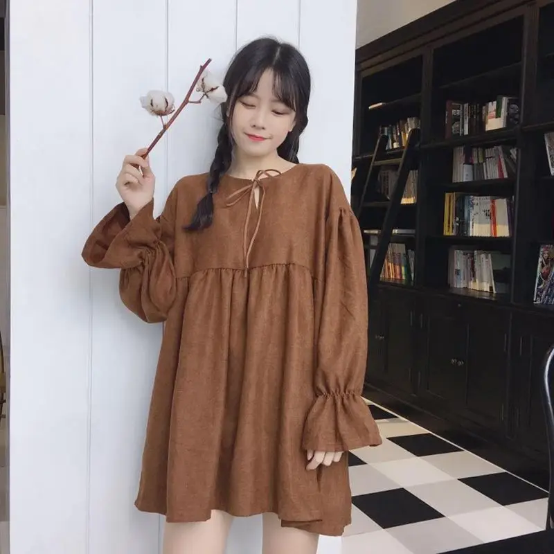 

Hot 2019 Sweet Round Neck Mini Dresses Loose Doll Solid Color Women Clothing Loose Trumpet Sleeves Casual Female Dress