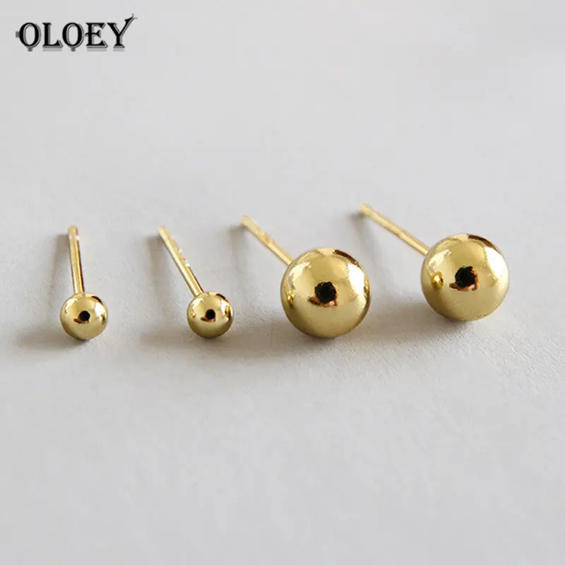 

OLOEY Pure 100% 925 Sterling Silver Earrings for Women Gold Plated Round Beads Stud Earring Boucle D'oreille Femme 2018 YME270