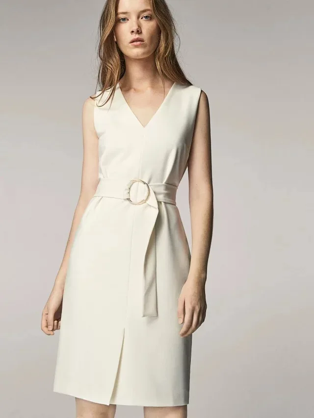 

Women Dress 2019 New White Ring Design V-neck Dress