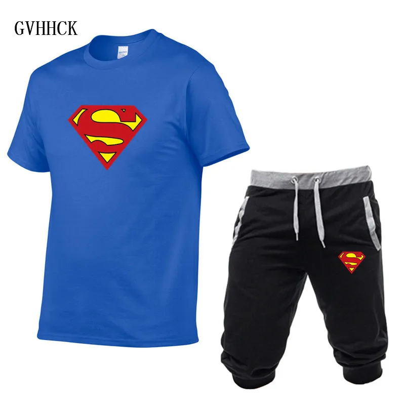 Sportsuits Set Men Brand Fitness Superman Suits Summer 2PC Top Short Set Mens casual Fashion 2 1