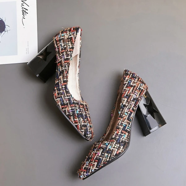 D Knight Women Pumps Fashion Plus Size 32-43 Elegant Round Toe Square High Heels New Ladies Woman Shoes Black White Flower I88 (22)