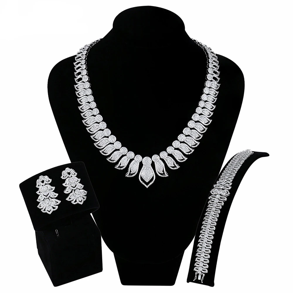 

3 piece Suit Bridal Jewelry Sets African Wedding Necklace Earrings Bracelet Sets Leaves Shape Cubic Zirconia Free Give the Rings