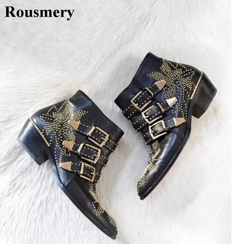 Image New Leather Rivets Booties Buckle Straps Thick Heel Ankle Boots Studded Decorated Motorcycle Boots Woman Riding Boots