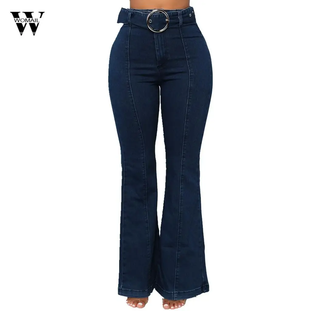 Womail модные женские туфли карманами и пуговицами эластичные большие свободные джинсовые штаны повседневные брюки с широким клешем брюки джинсы женские Mar 6