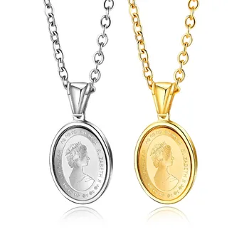 

Elizabeth Necklaces Round Pendants for Adult Men Stainless Steel Chain Fashion Jewelry Gold Silver Color Gifts Drop Ship QL1479