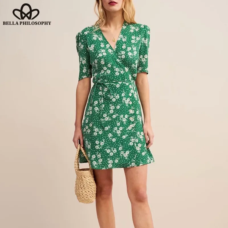 

Summer Short Sleeve Sheath Mini Dress Vintage Print Floral Female Dot Dress Single Breasted Lady Bodycon Dress Wonder Store