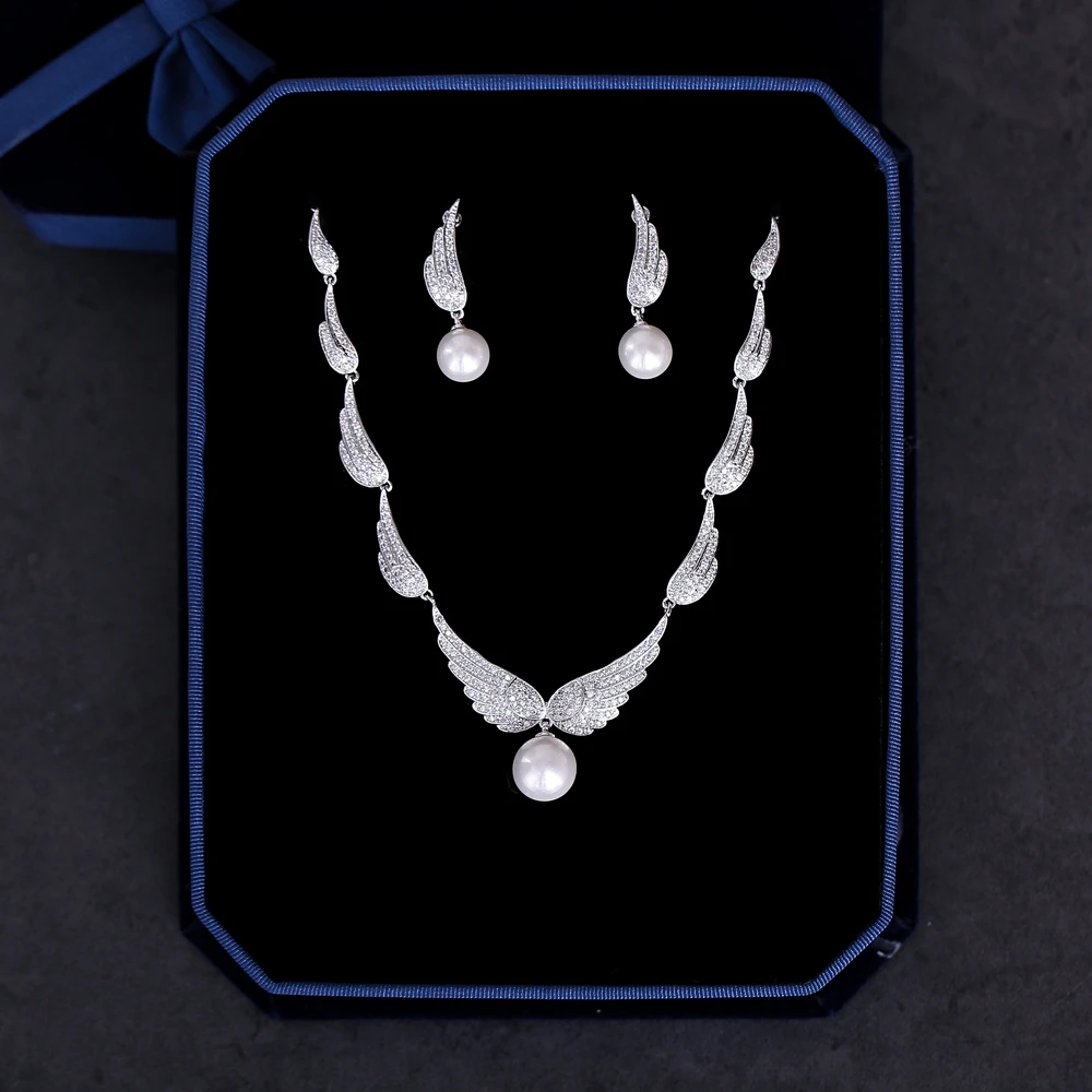 

Micro Paved Wing Princess Necklace Earrings Jewelry Set AAA Cubic Zirconia Pendant Wedding Bride Simulated Pearl Bijoux Gift New
