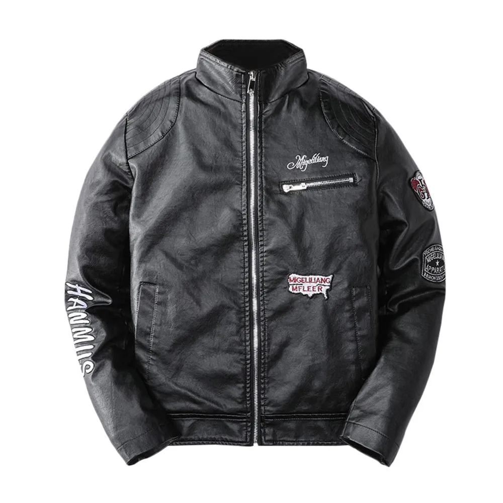 

Letter Embroidery Stand Collar Jacket Men's Autumn Winter Casual Long Sleeve Leather Jacket wind breaker Warm Clothes