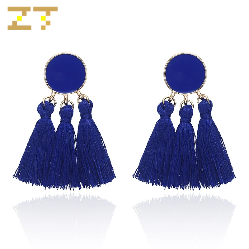 

Hot Unique Fabric Yellow Purple Blue Tassel Dangle Drop Round Pink Green Statement Earrings for Women Birthday Gift Brincos