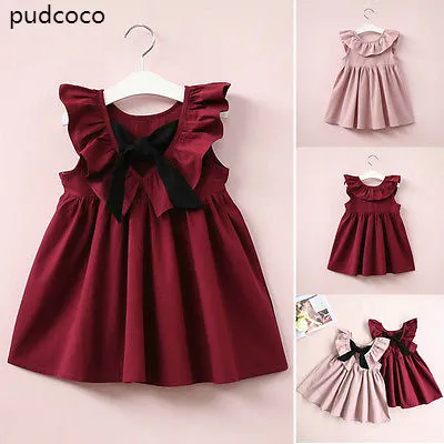 

Solid Pink Kids Baby Girl Sleeveless Dress Kids Girls Summer Peter Pan Collar Back Bandage Dress Sundress Party Dresses 2-7Years