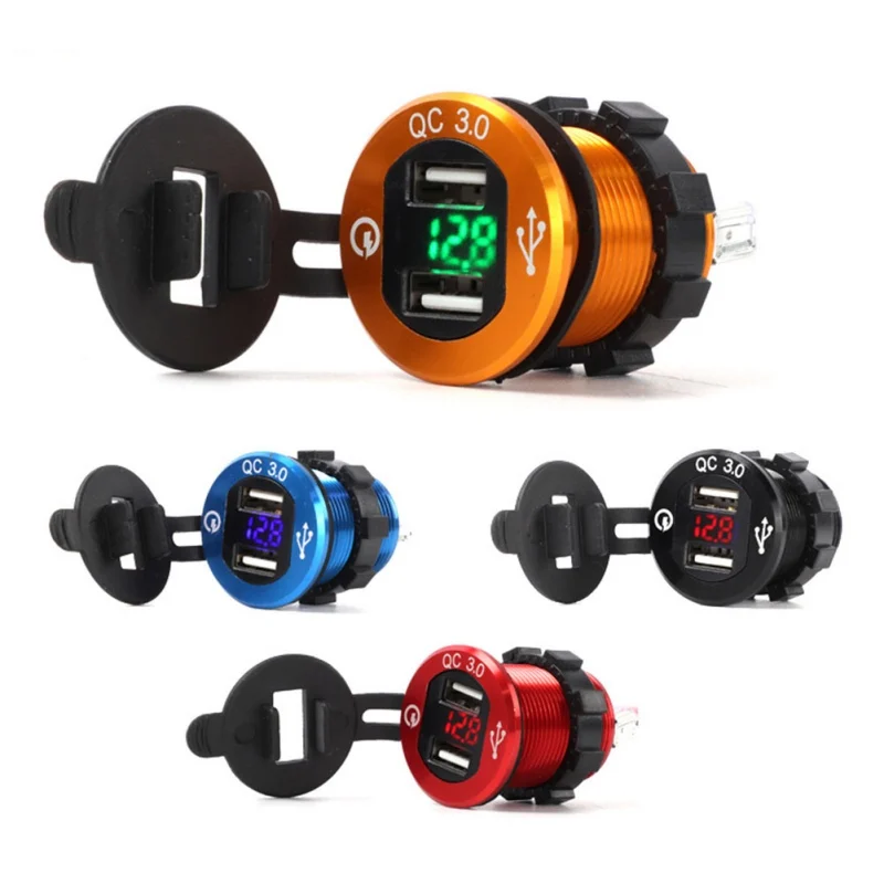 

Double USB Car Charger Socket With Voltmeter Waterproof Marine Fast Charging Modified Phone Tablet QC3.0 Charge Motorcycle