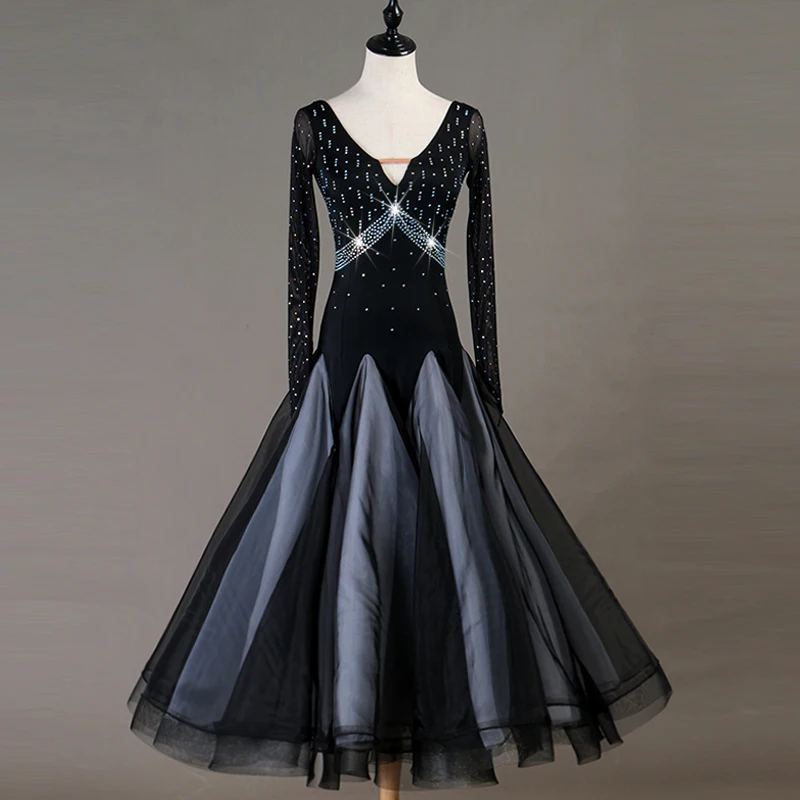 Ballroom Dance Dresses long sleeve black foxtrot rhinestone strass