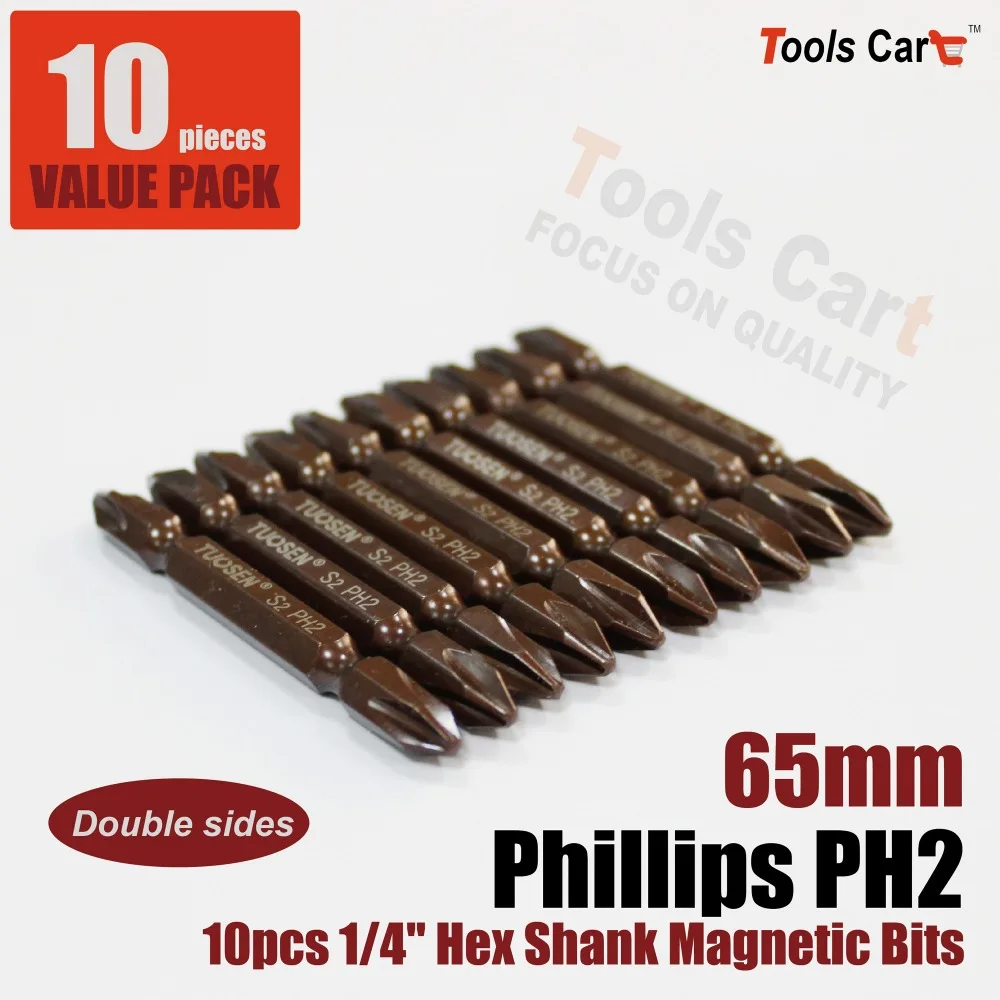 

10pc Phillips #2 PH2 Magnetic Bit Holder 65mm Long 1/4" Hex Shank 65S-PH2