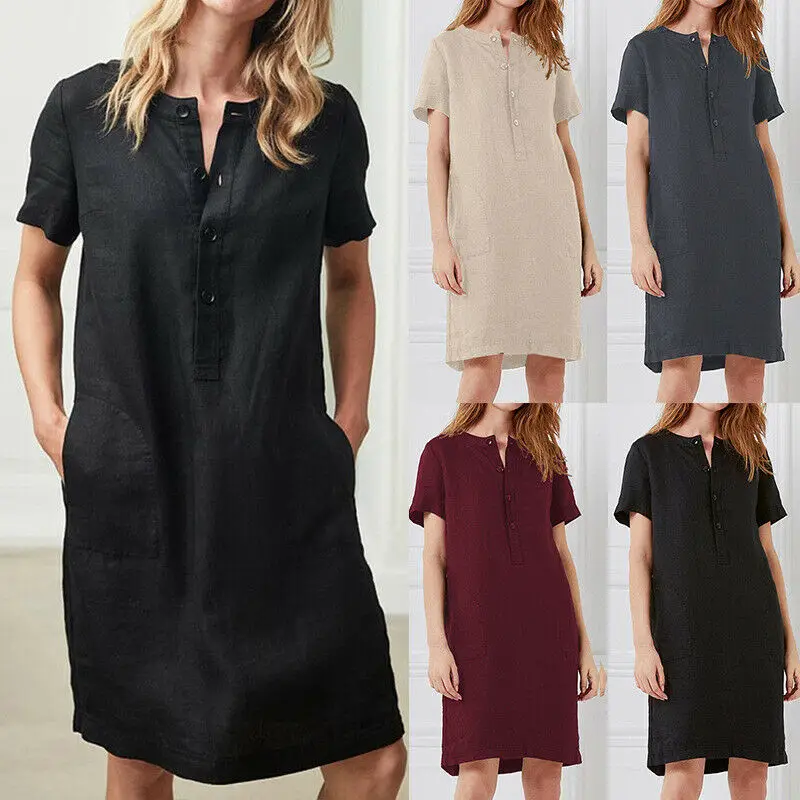 

New Women Button Cotton Linen Loose Mini Dress Simple Casual Summer Fashion Short Sleeve Pocket Daily Dress Plus Size S-5XL