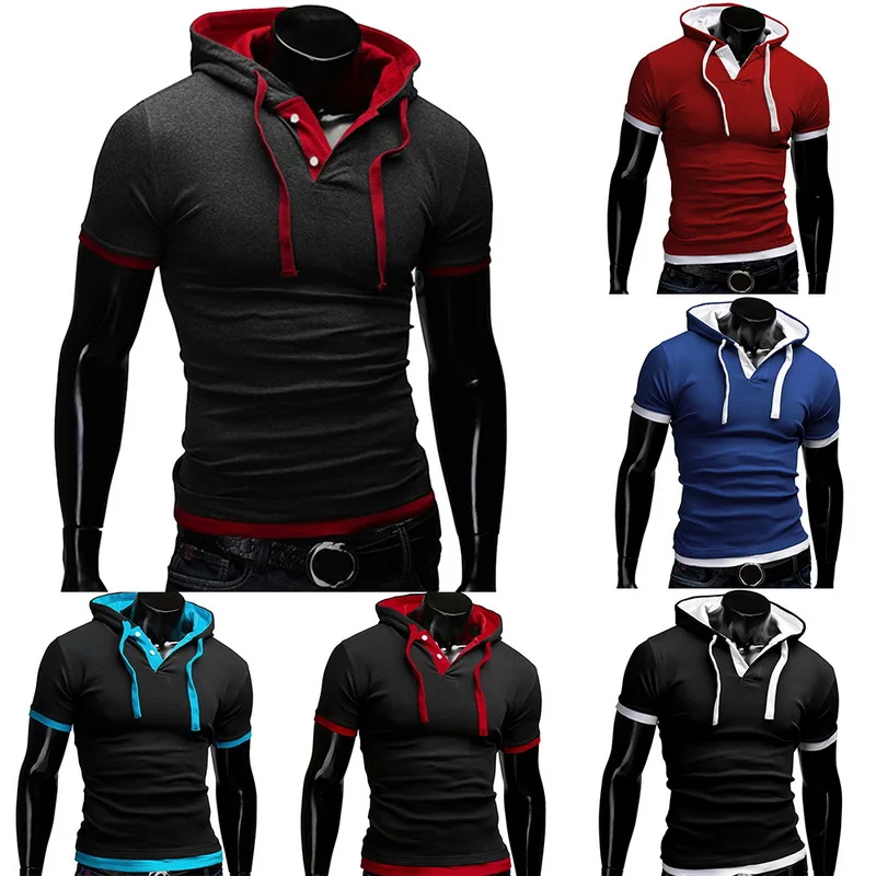 

Summer Short Sleve Hooded T Shirt Men Patchwork Button V Neck Camisas Hombre Drawstring Casual Tee Tops Solid Vintage Shirt Men