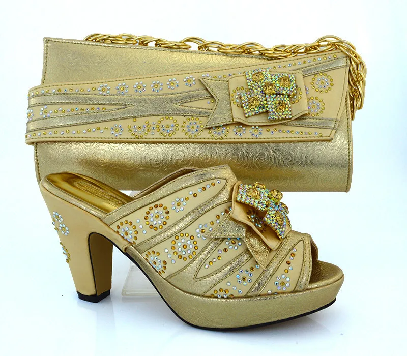 

African Pumps Shoes High Quality Shoes And Matching Bags Set With Stones Fashion African Shoes And Bag To Match Gold MM1014
