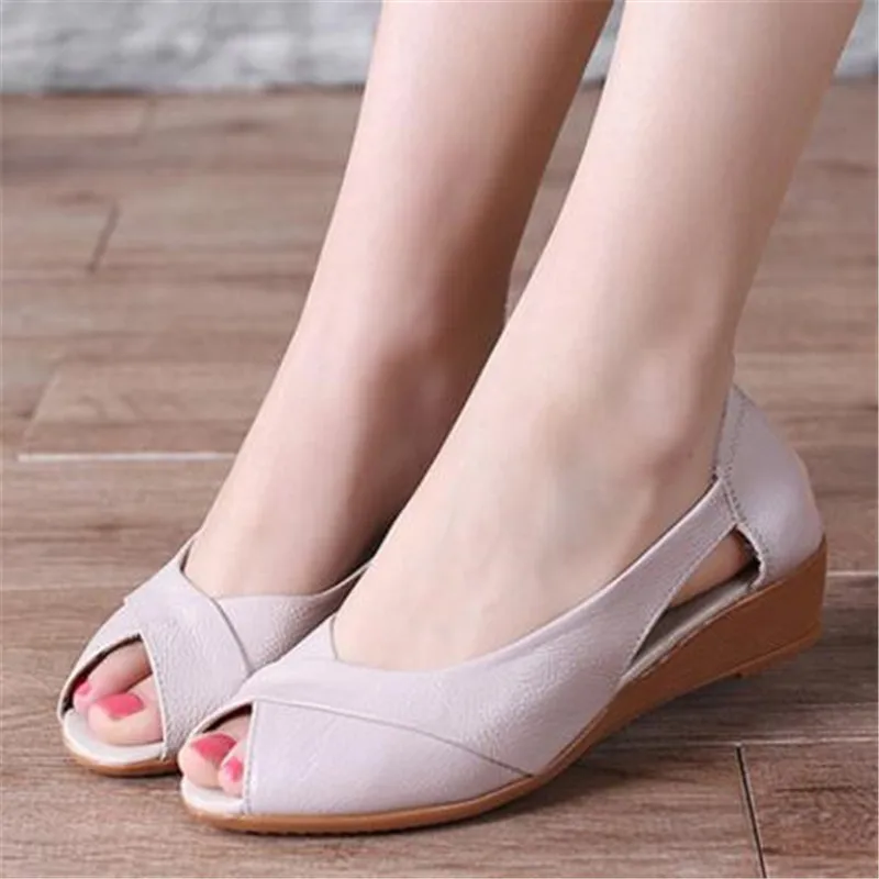 

Summer new leather fish mouth shoes with wedges middle-aged women's cool shoes large size women's shoes mother sandals