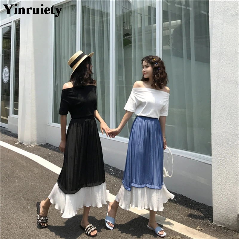 

Korean Chic Summer Women Long Skirt High Waist Blue Black Ruffles Sweet Skirts Womens Fashion Contrast Color Midi Chiffon Saias