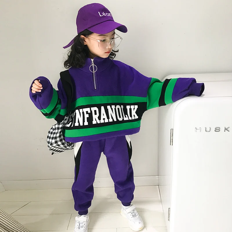 

Girls plus velvet suit 2018 autumn and winter new girls sports stitching loose foreign gas two-piece sets
