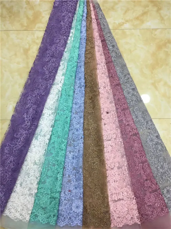 Fabric With Beads And sequins High Quality African Tulle Lace 2019 Guipure Nigerian Fabrics Purple white green | Дом и сад