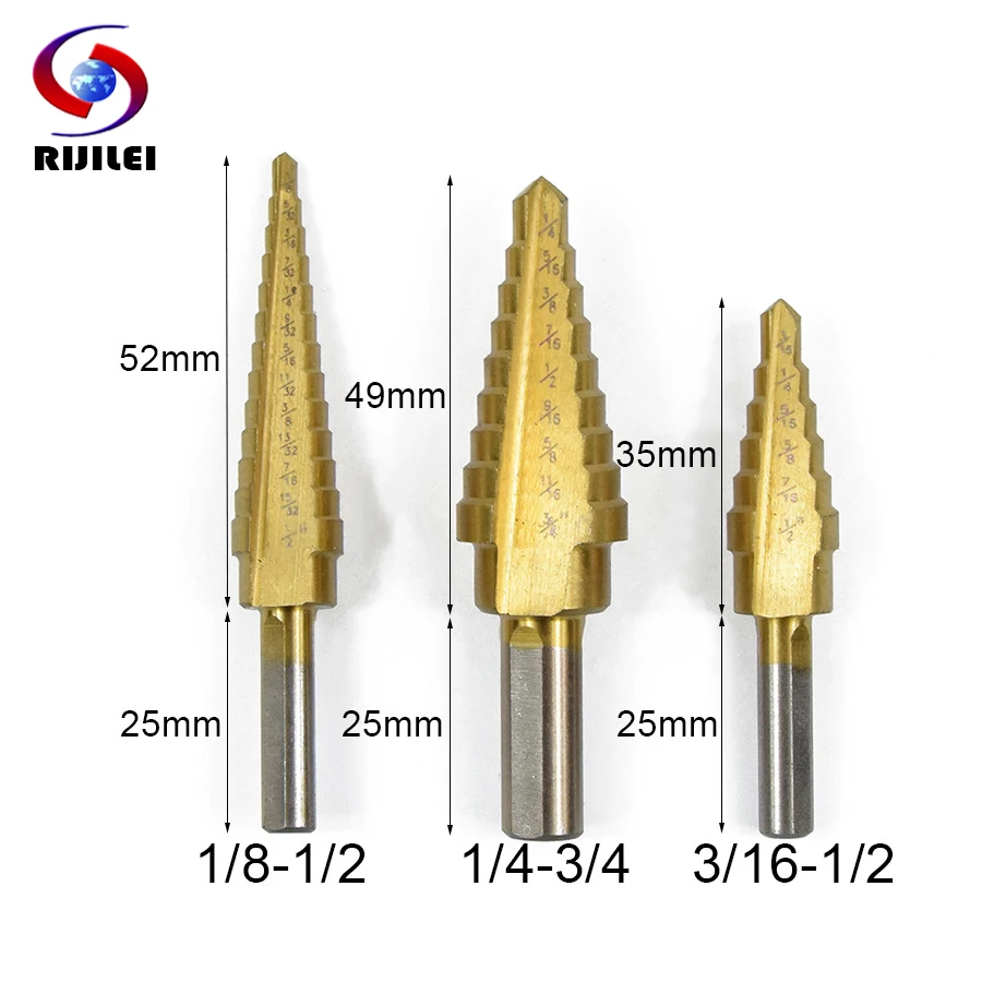 

RIJILEI 3/16-1/2,1/4-3/4,1/8-1/2 Inch Ladder Drill metal Pagoda drill HSS Step Drill Bits High Speed Steel Triangle handle L06