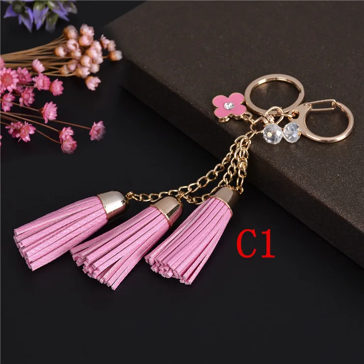 RB2140 New Gold Metal Flower Keychain llaveros para parejas Leather Tassel Keychain Key Chains Keyrings porte cle llaveros