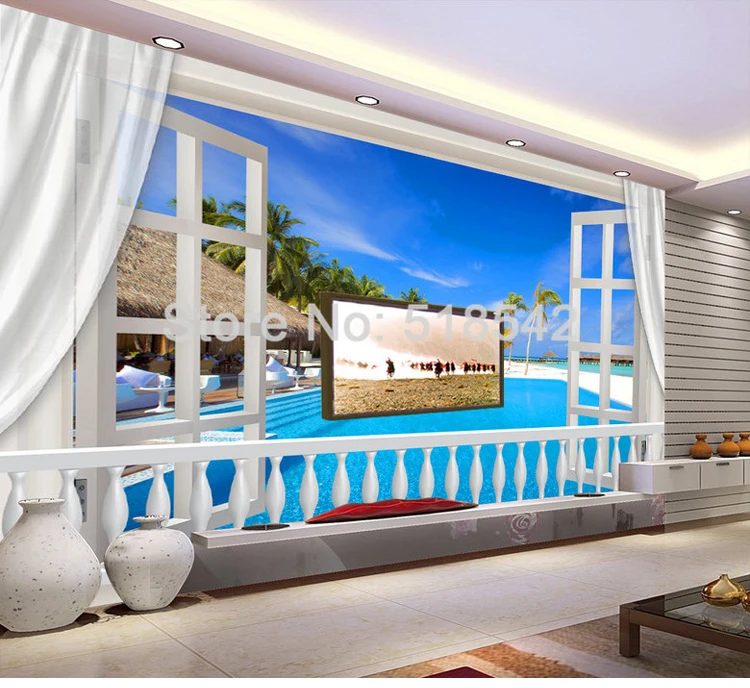 Пользовательские настенная фото обои 3D стереоскопического окна Мальдивы пейзаж фрески Гостиная ТВ Задний план Современная живопись