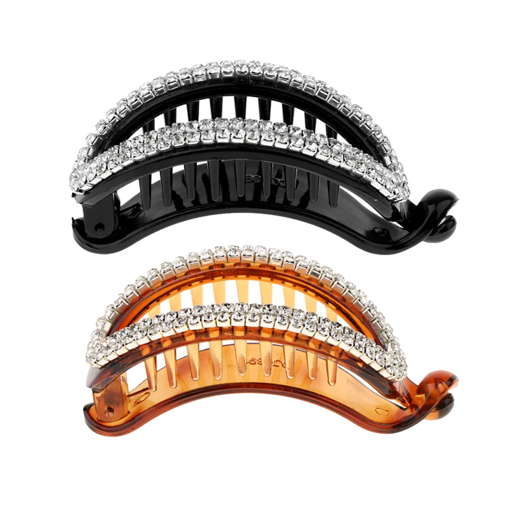 2pcs Women Lady Hollow Rhinestone Hair Banana Clip Ponytail Holder Clamp Crystal Hair Accessories Black Brown