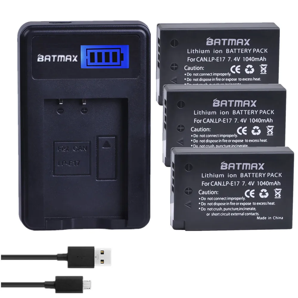 

Batmax 3pcs 1040mAh LP-E17 LPE17 LP E17 Battery+LCD USB Charger for Canon EOS T6i 750D T6s 760D 800D M3 M5 8000D Kissx8i Cameras