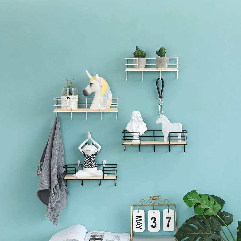 

Nordic Iron Wall Holders Kitchen Shelf Home Wall Decoration Hanger Keys Hooks One-word Partition Storage Rack Frame Organizer
