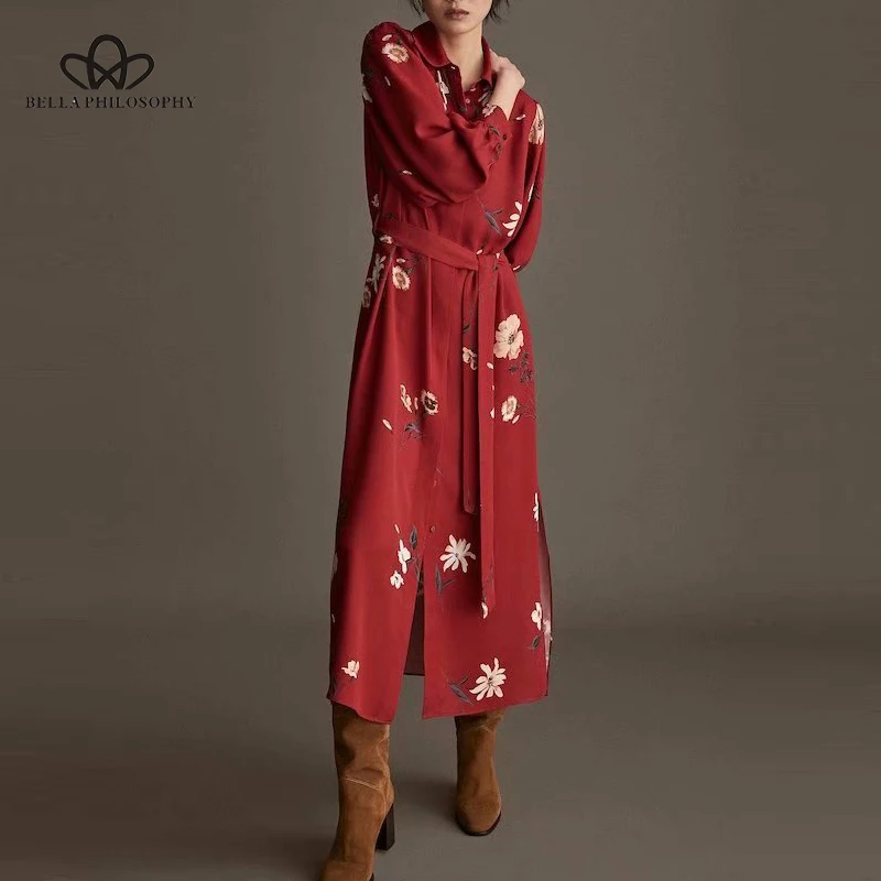 

Heydress Women Long Sleeve Maxi Dress Vintage Print Floral Female Sashes A-Line Dress Casual Turn-Down Collar Lady Long Dress