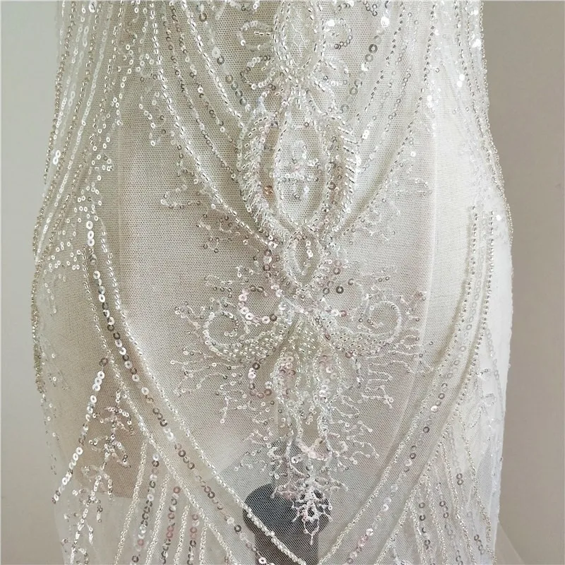 

2019 NEW design Luxury wedding dress sewing lace nice! 1 Yard Ivory beaded lace fabric silvery beads and sequins free shipping!