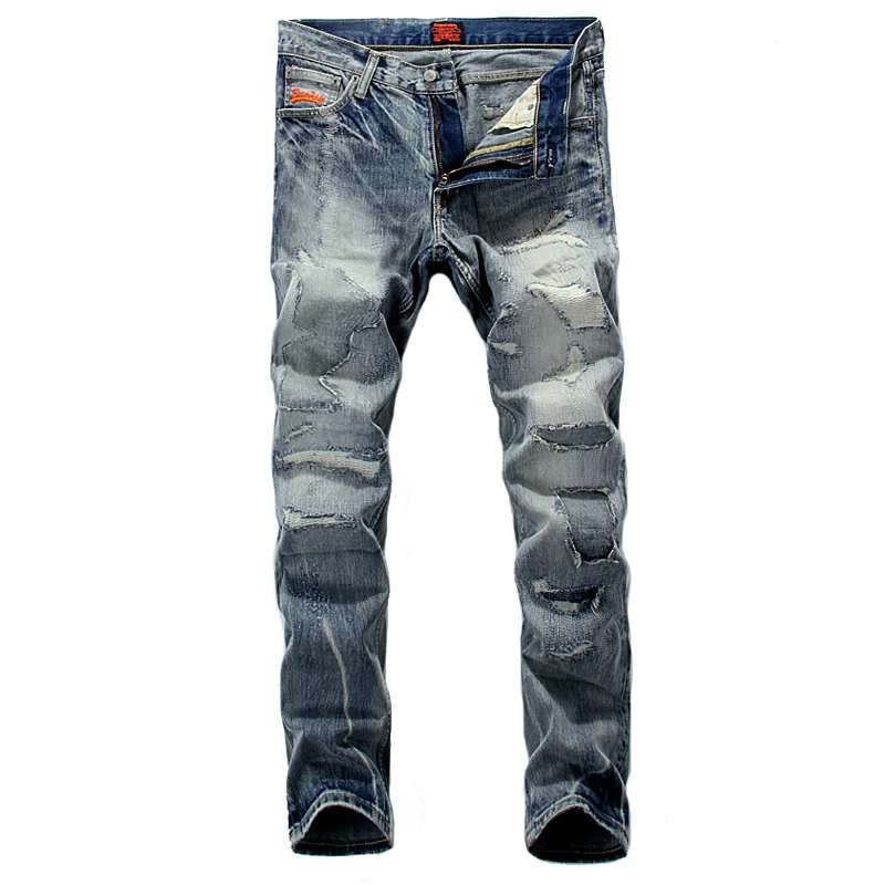 

Fashion Designer Men Jeans High Quality Destroyed Ripped Jeans Mens Pants Superably Brand Denim Stripe Biker Jeans Men Trousers