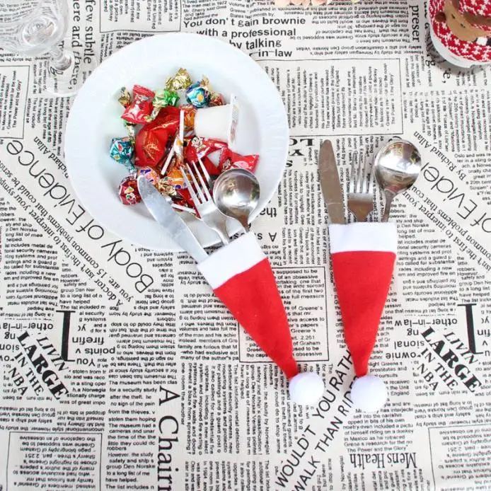 

Santa Hat Reindeer Christmas New Year Pocket Fork Knife Cutlery Holder Bag Home Party Table Dinner Decoration Tableware