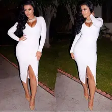 2016 neue Ankunft Sexy V-ausschnitt Langen Ärmeln Kleid Split Knielangen Abend Prom Kleider