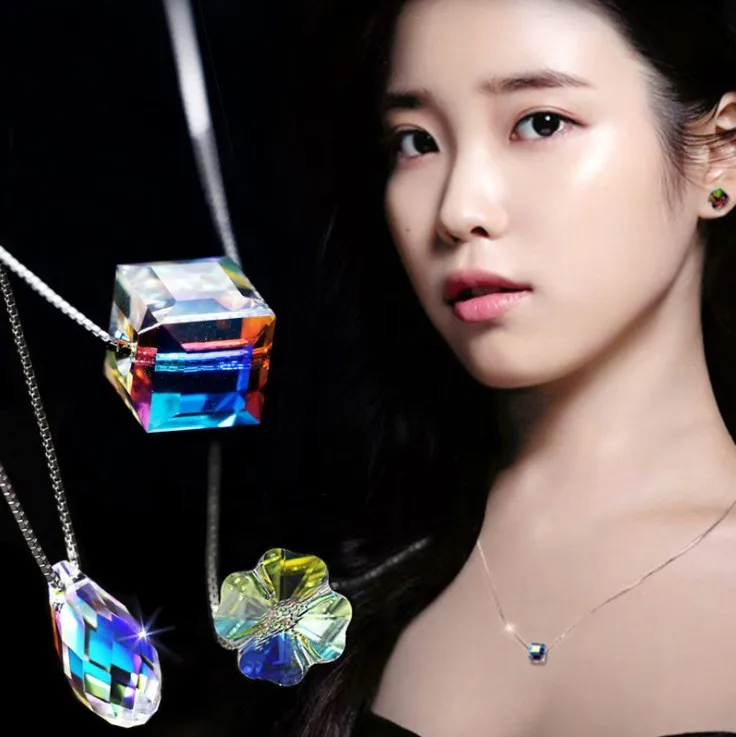 

Sale 925 silver Water Drop Cube Cube Sugar Crystal Pendant Love Necklace Crystals from Swarovski jewelry Woman Wedding Jewelry