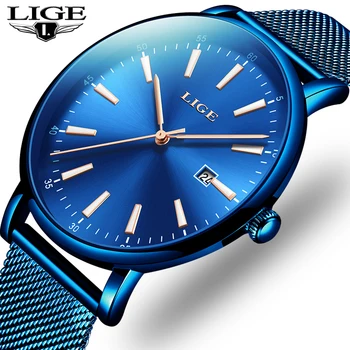 

2019 New Fashion Men Watches Simple Blue Waterproof Date Quartz Watch Men UltraThin Mesh Steel Sport Clock Relogio Masculino+Box