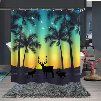 

Gorgeous Sunset View Bathroom Shower Curtain Sika Deer Coconut Tree Bath Curtain