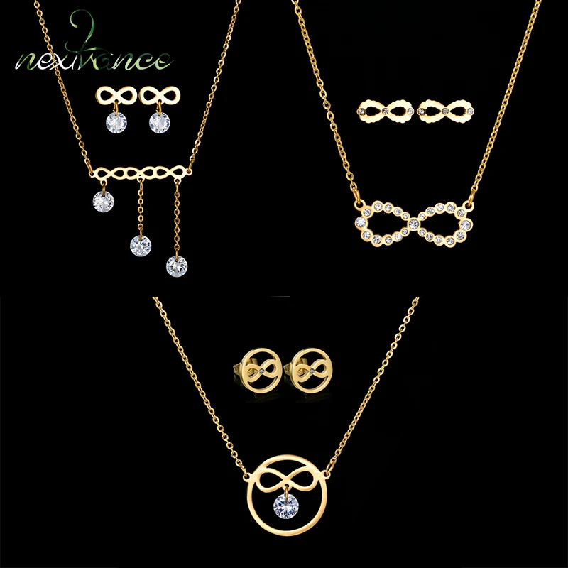 

Nextvance Infinity CZ Stone Jewelry Set Rhinestone Figure 8 Round Pendant Necklace Earring Set For Wedding Jewelry