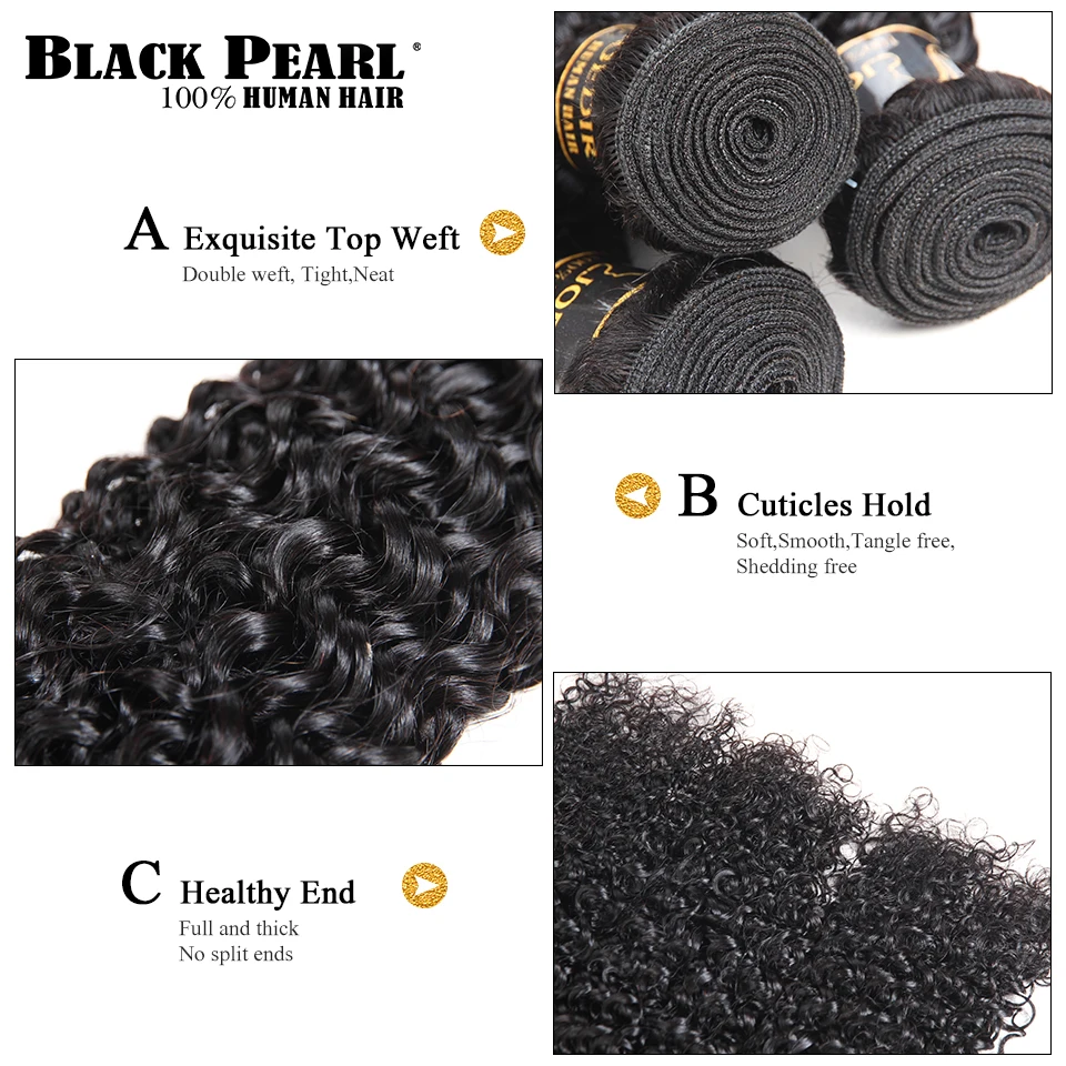 Black Pearl Pre-Colored Human Hair 3 Bundles With Closure Non Remy Brazilian kinky Curly Bundles With Closure 1B# Hair Extension