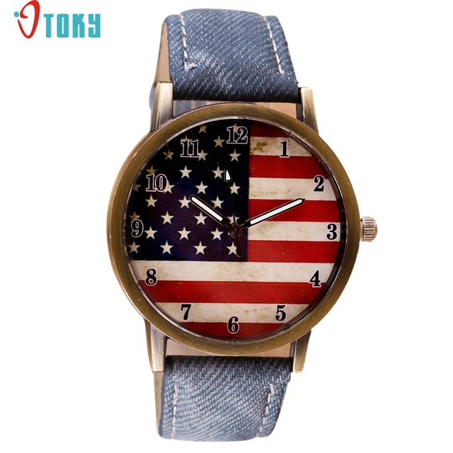 Drop Shipping Vintage USA Flag American Denim Leather Wrist Watch Women Men Quar Drop Shipping Vintage USA Flag American Denim Leather Wrist Watch Women Men Quar
